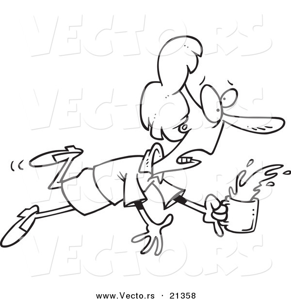 Vector of a Cartoon Stumbling Businesswoman Spilling Coffee - Outlined Coloring Page