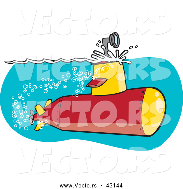 Vector of a Cartoon Submarine with Scope Above Ocean Water Surface
