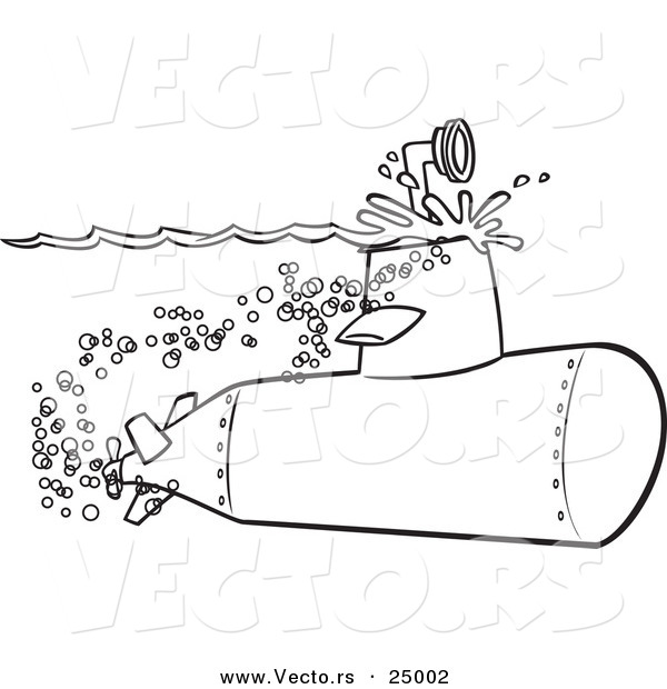 Vector of a Cartoon Submarine with the Scope Above the Surface - Outlined Coloring Page