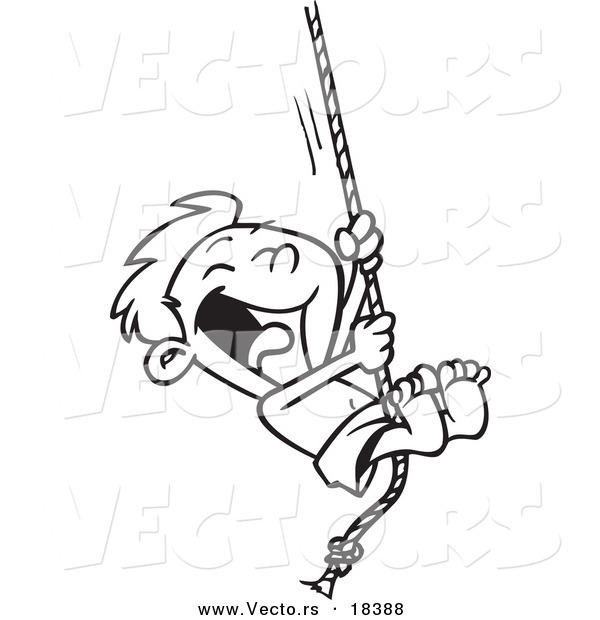 Vector of a Cartoon Summer Boy on a Rope Swing - Outlined Coloring Page