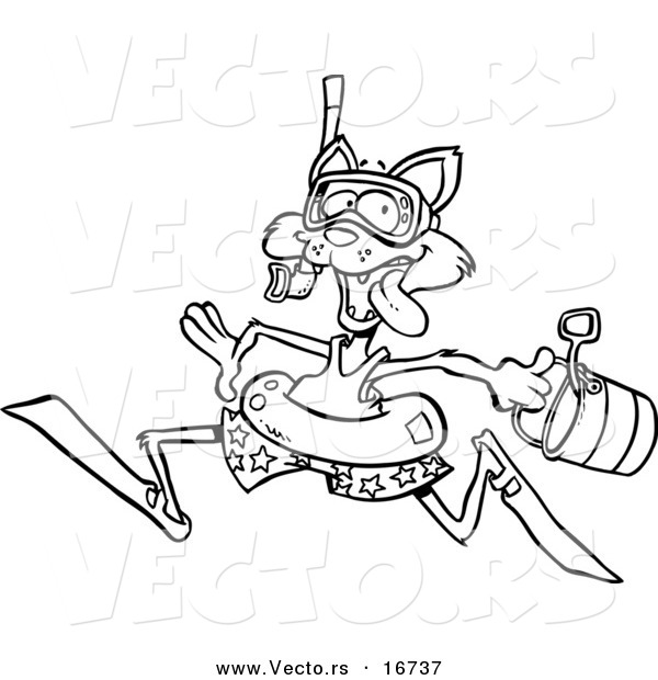 Vector of a Cartoon Summer Cat Running on a Beach - Outlined Coloring Page Drawing