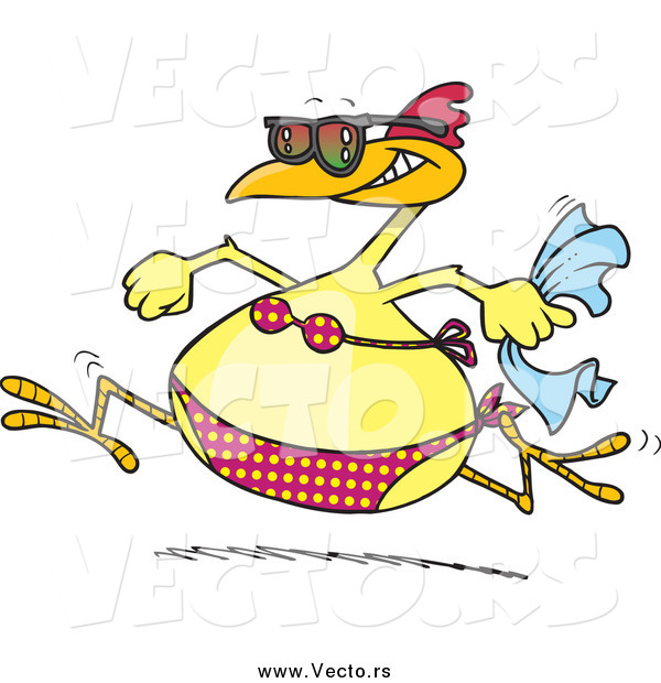 Vector of a Cartoon Summer Chicken Running in a Bikini and Sunglasses on a Beach