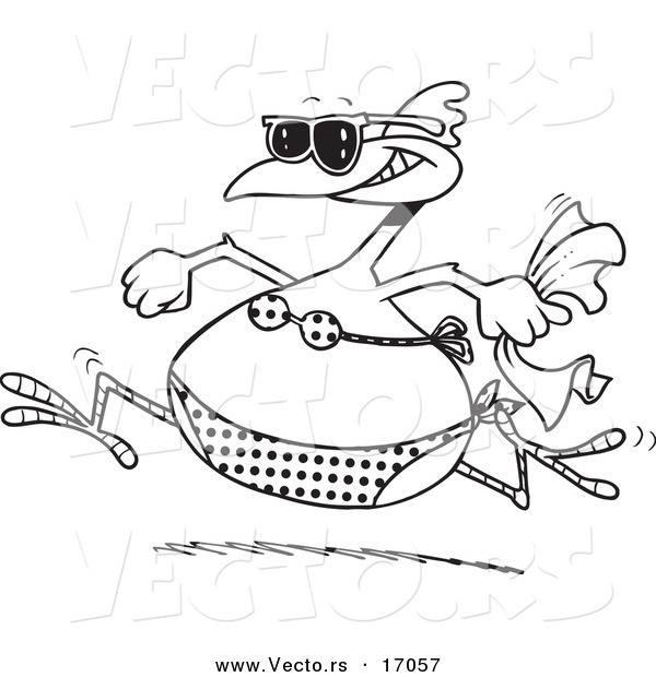 Vector of a Cartoon Summer Chicken Running in a Bikini on a Beach - Coloring Page Outline