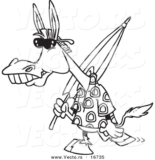 Vector of a Cartoon Summer Donkey Carrying a Beach Umbrella - Outlined Coloring Page Drawing