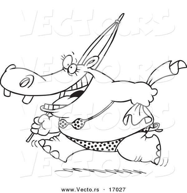 Vector of a Cartoon Summer Hippo Running in a Bikini on a Beach - Coloring Page Outline