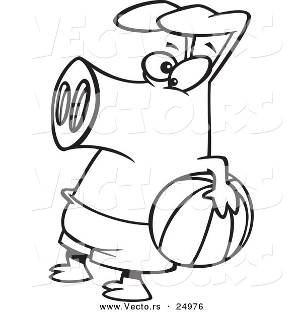 Vector of a Cartoon Summer Pig Holding a Beach Ball - Outlined Coloring Page