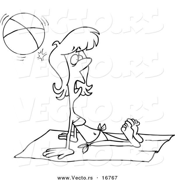 Vector of a Cartoon Summer Woman Getting Hit by a Beach Ball While Sun Bathing - Coloring Page Outline