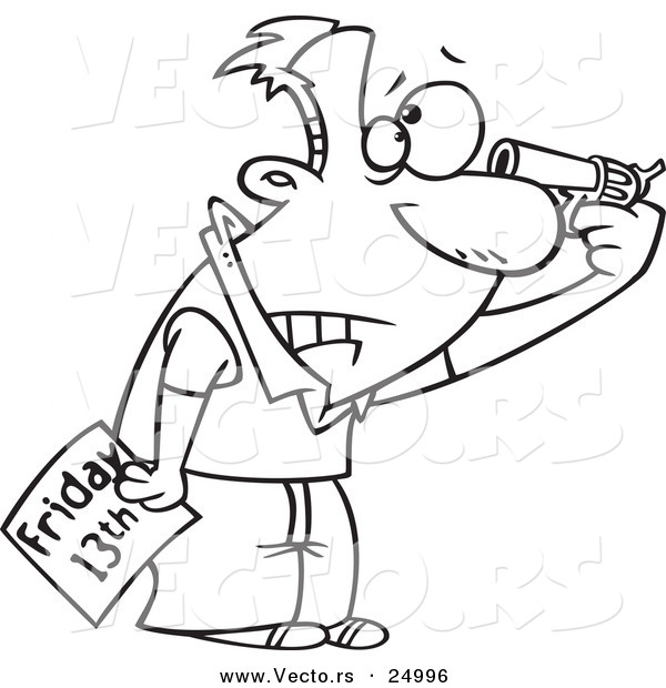 Vector of a Cartoon Superstitious Man Holding a Gun to His Head on Friday the 13th - Outlined Coloring Page