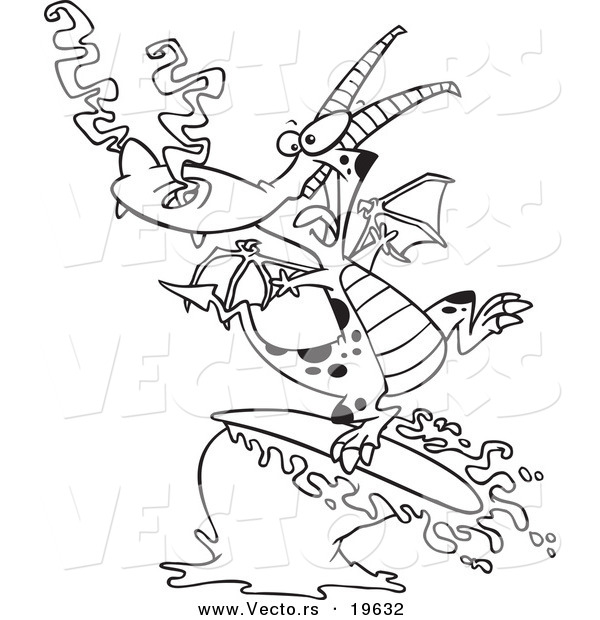 Vector of a Cartoon Surfing Dragon - Outlined Coloring Page
