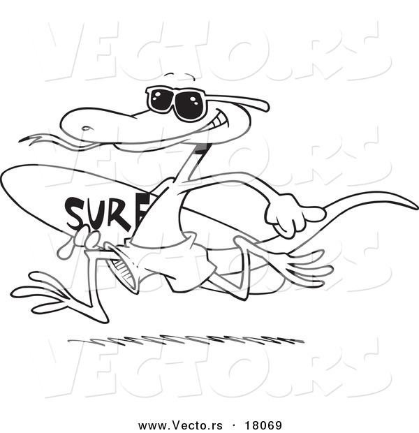 Vector of a Cartoon Surfing Lizard - Outlined Coloring Page