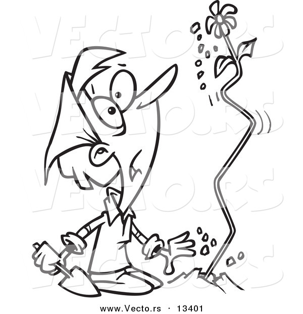 Vector of a Cartoon Surprised Woman Watching a Flower Shoot out of the Ground - Coloring Page Outline