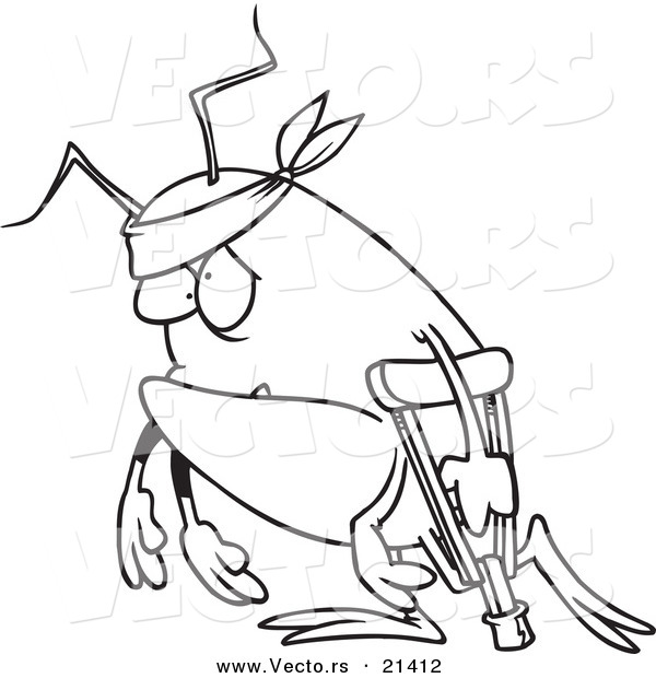 Vector of a Cartoon Survivor Bug Using a Crutch - Outlined Coloring Page