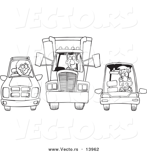 Vector of a Cartoon SUV, Big Rig and Car at a Stop Light - Coloring Page Outline