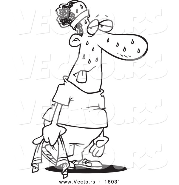 Vector of a Cartoon Sweaty, Exhausted Man After a Work out - Outlined Coloring Page Drawing