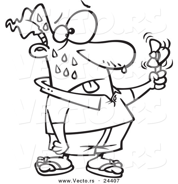 Vector of a Cartoon Sweaty Man Holding a Hand Fan - Outlined Coloring Page