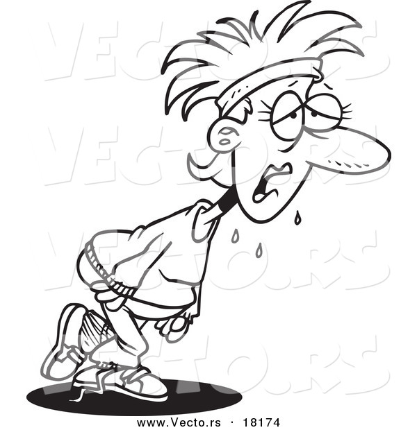 Vector of a Cartoon Sweaty Woman Exercising for Her New Year Resolution - Outlined Coloring Page