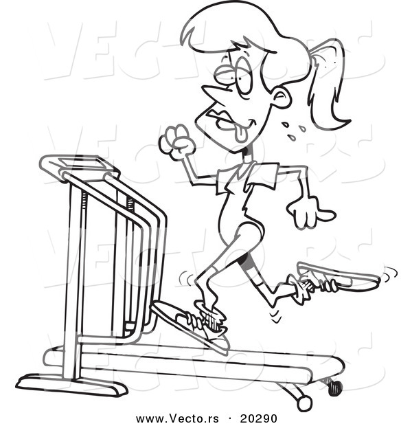 Vector of a Cartoon Sweaty Woman Running on a Treadmill - Coloring Page Outline