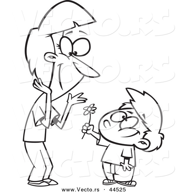 Vector of a Cartoon Sweet Boy Giving Mom a Flower - Coloring Page Outline