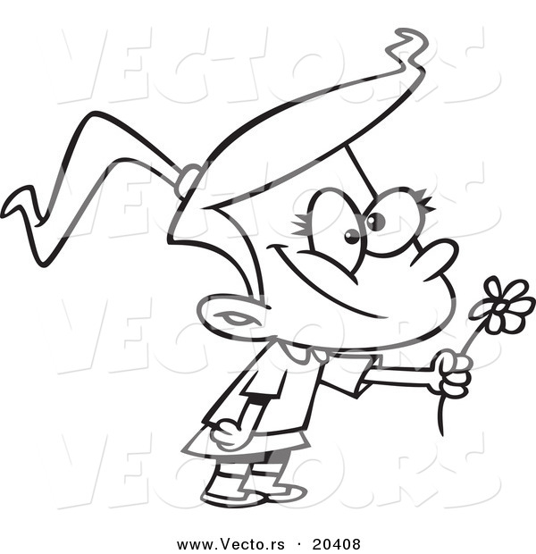 Vector of a Cartoon Sweet Girl Giving a Daisy - Coloring Page Outline