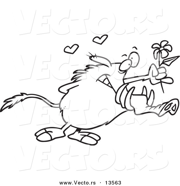 Vector of a Cartoon Sweet Warthog Holding out a Flower - Coloring Page Outline