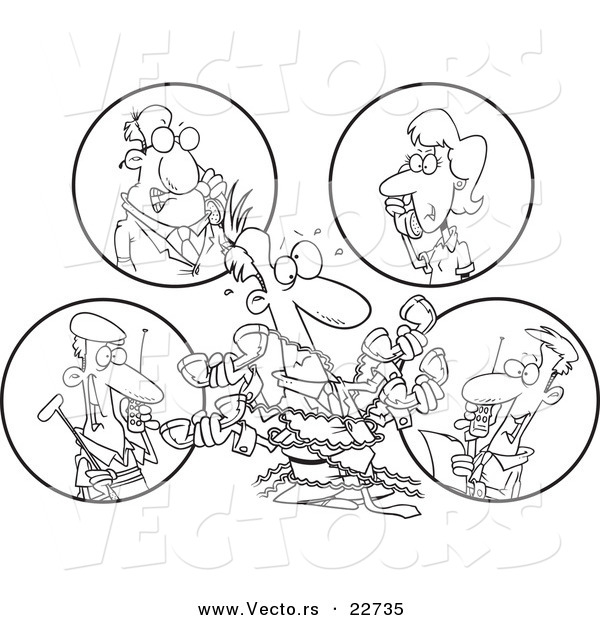 Vector of a Cartoon Tangled Man Holding Multiple Phone Conversations - Coloring Page Outline