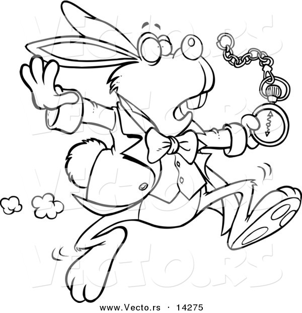 Vector of a Cartoon Tardy Rabbit Looking at His Pocket Watch While on the Run - Coloring Page Outline