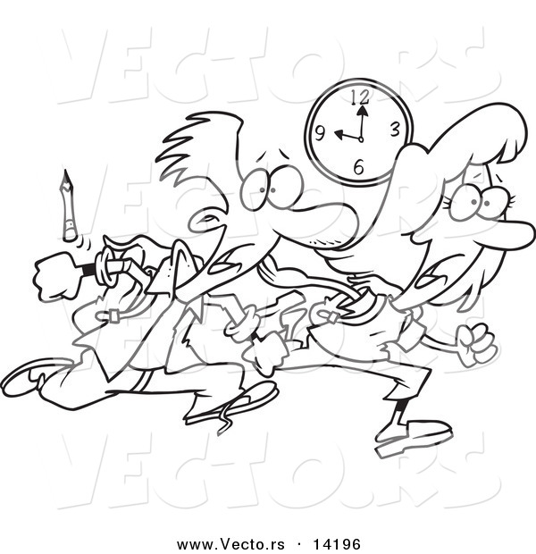 Vector of a Cartoon Tardy School Boy and Girl Racing to Class - Coloring Page Outline