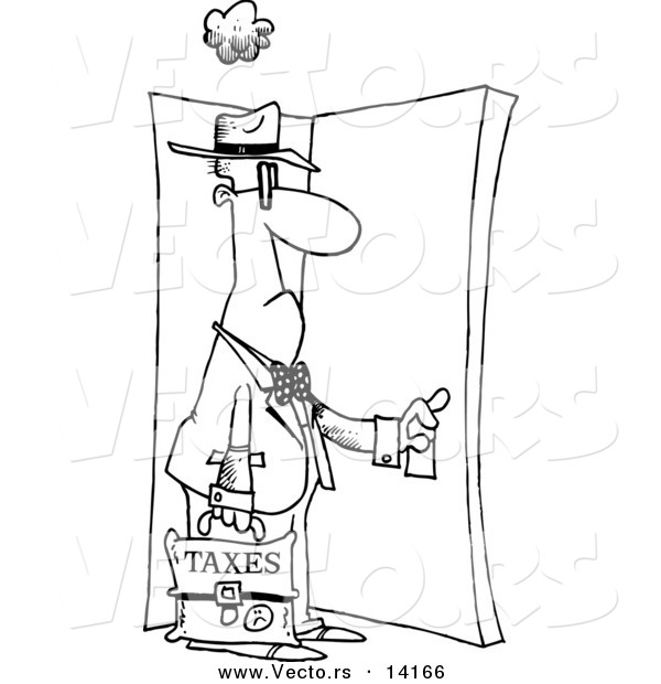 Vector of a Cartoon Tax Man Walking Through a Door - Coloring Page Outline
