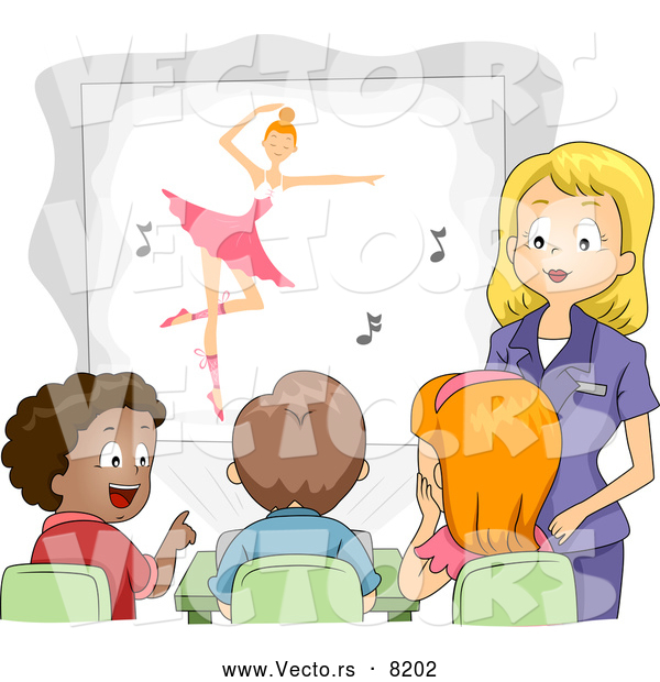 Vector of a Cartoon Teacher Showing a Ballet Movie to Her Classroom Students