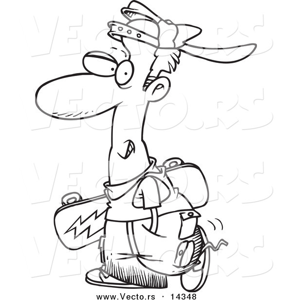 Vector of a Cartoon Teen Skater Boy Carrying a Skateboard - Coloring Page Outline
