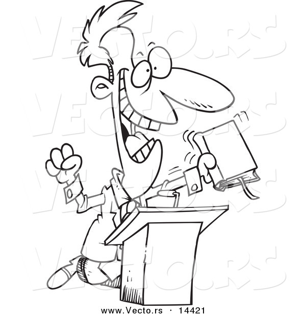 Vector of a Cartoon Televangelist Man Preaching at a Podium - Coloring Page Outline