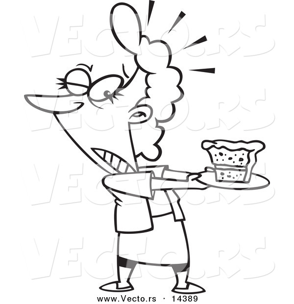 Vector of a Cartoon Tempted Woman Holding a Slice of Cake on a Plate - Coloring Page Outline