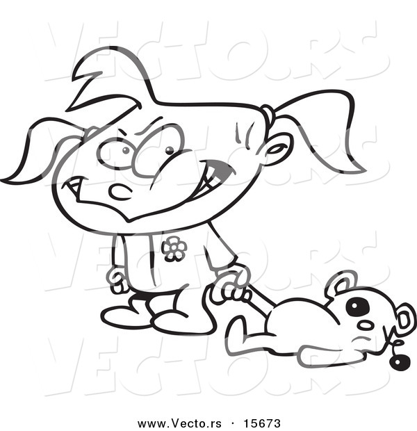 Vector of a Cartoon Terrible Two Year Old Girl Dragging Her Teddy Bear - Coloring Page Outline