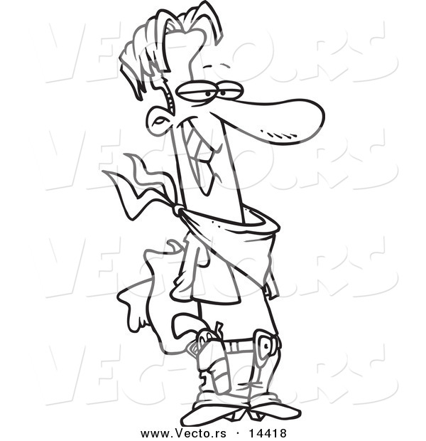 Vector of a Cartoon Thankful Cowboy Holding His Hat Behind His Back - Coloring Page Outline