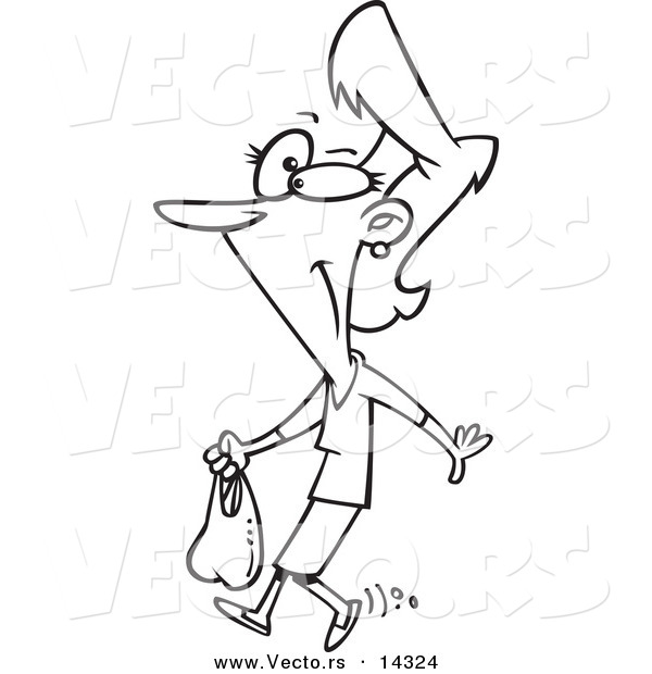 Vector of a Cartoon Thrifty Woman Carrying a Plastic Bag - Coloring Page Outline