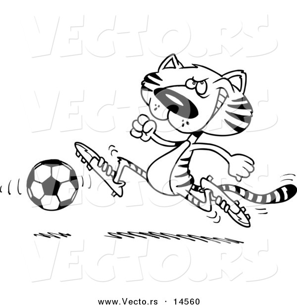 Vector of a Cartoon Tiger Playing Soccer - Coloring Page Outline