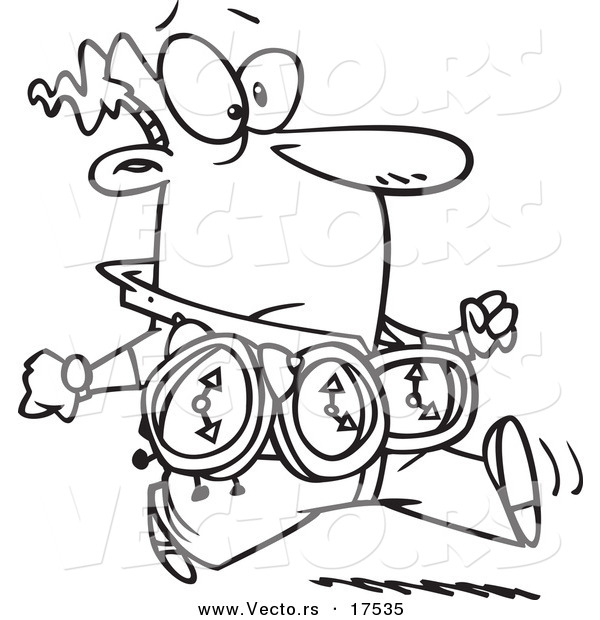 Vector of a Cartoon Timely Man Wearing Three Clocks - Coloring Page Outline