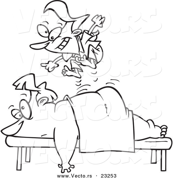Vector of a Cartoon Tiny Massage Therapist Jumping on Her Client - Coloring Page Outline