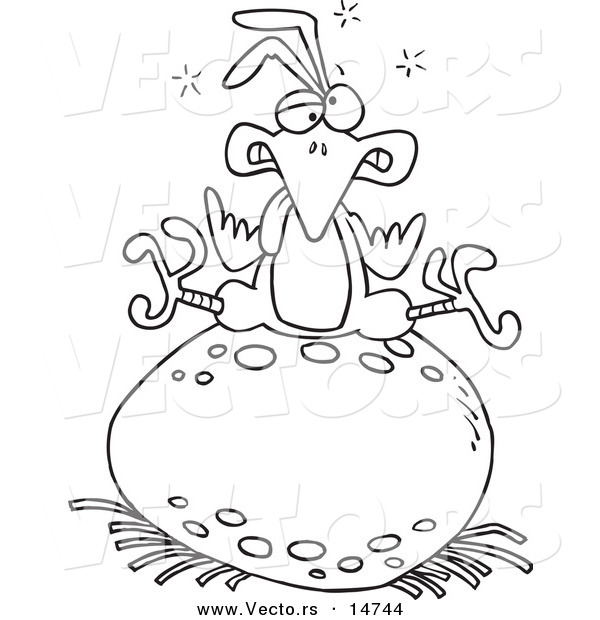 Vector of a Cartoon Tired Bird Sitting on a Huge Egg - Coloring Page Outline