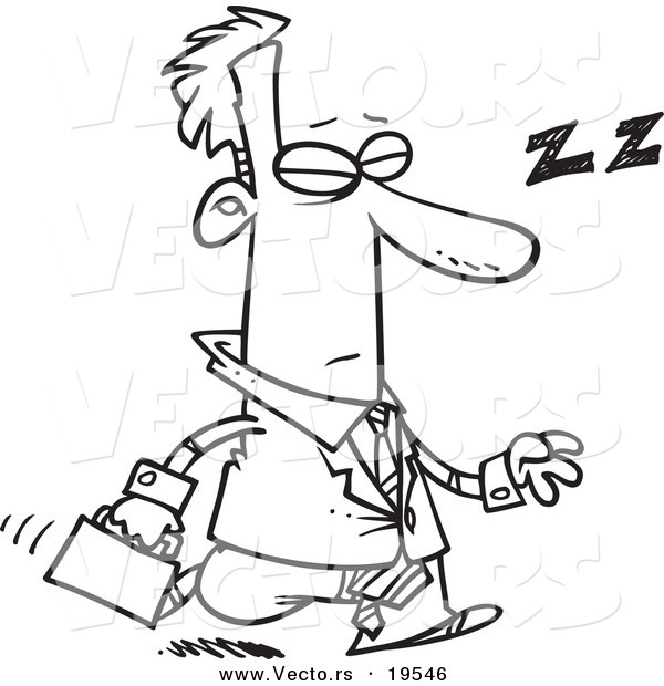 Vector of a Cartoon Tired Businessman Dozing While Walking - Outlined Coloring Page