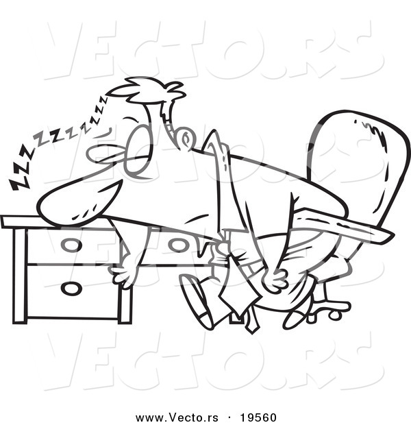 Vector of a Cartoon Tired Businessman Sleeping on His Desk - Outlined Coloring Page