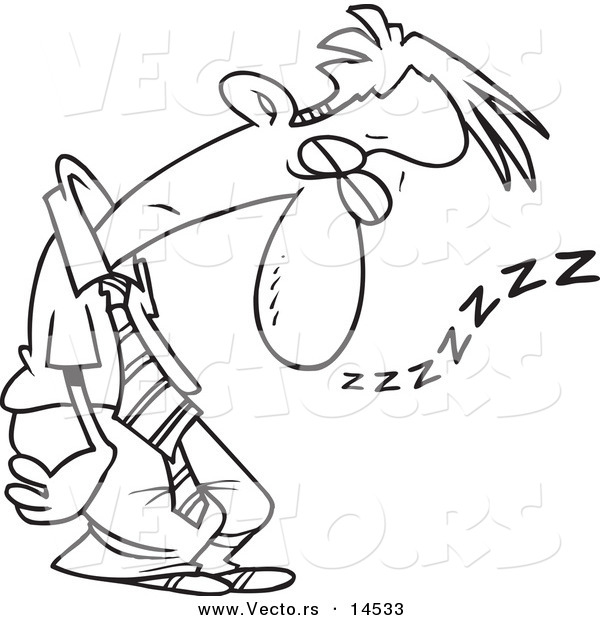 Vector of a Cartoon Tired Businessman Sleeping Standing up - Coloring Page Outline