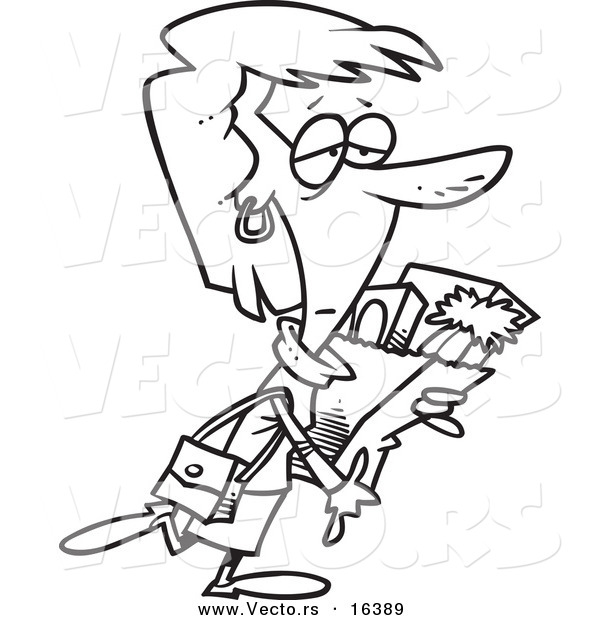 Vector of a Cartoon Tired Girl Carrying a Bag of Groceries - Outlined Coloring Page Drawing