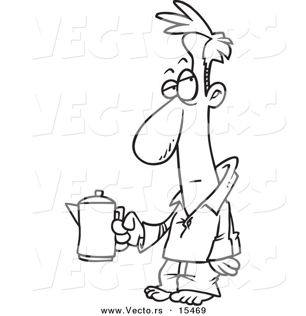 Vector of a Cartoon Tired Man Holding a Coffee Pot - Coloring Page Outline