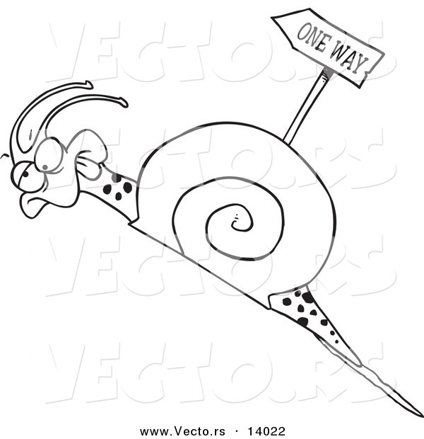 Vector of a Cartoon Tired Snail Going Uphill near a One Way Sign - Coloring Page Outline
