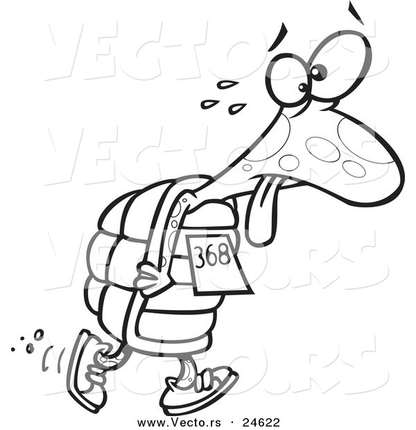 Vector of a Cartoon Tired Tortoise Walking in a Race - Outlined Coloring Page