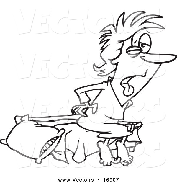 Vector of a Cartoon Tired Woman Waking up - Coloring Page Outline