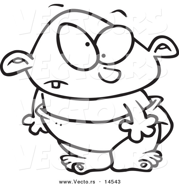 Vector of a Cartoon Toddler Boy Standing in a Diaper - Coloring Page Outline