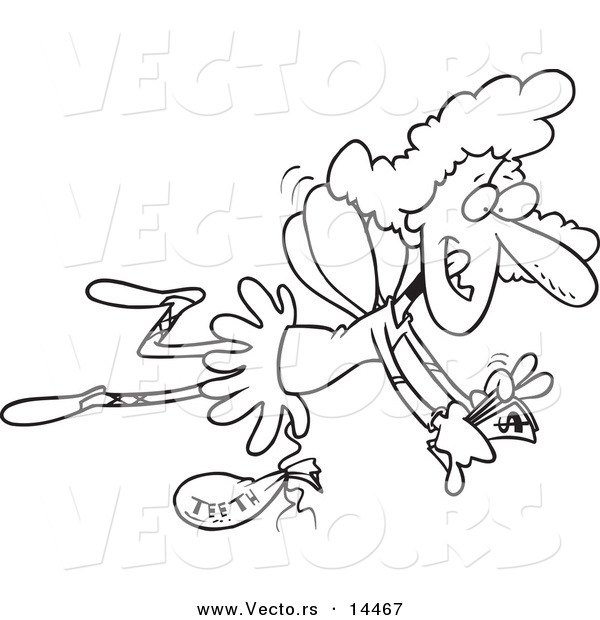 Vector of a Cartoon Tooth Fairy Flying with a Bag of Teeth and Counting Her Cash - Coloring Page Outline