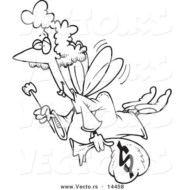 Vector of a Cartoon Tooth Fairy with a Wand and Bag of Money - Coloring Page Outline